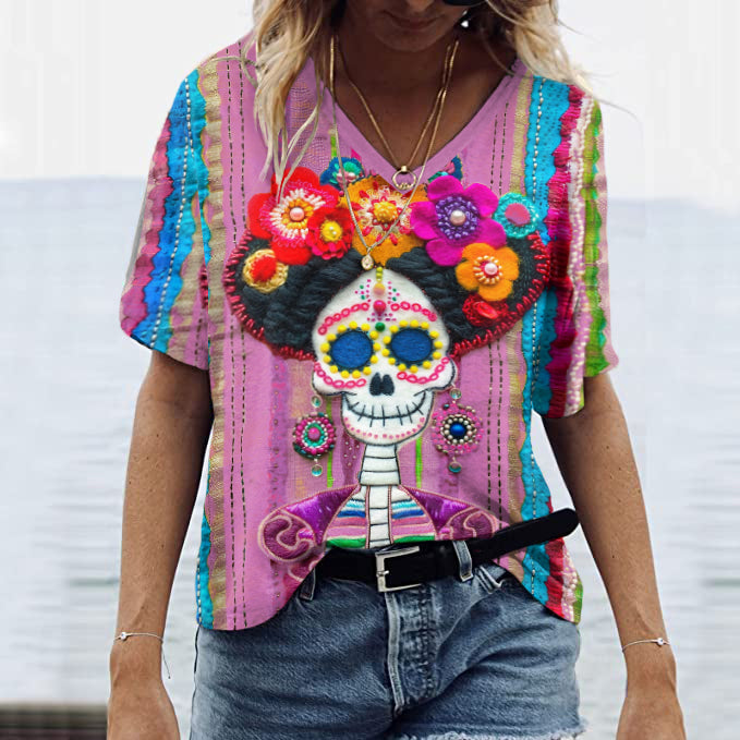 Classic Mexican Sugar Skeleton Catrina Day Of The Dead Inspired Painting V-Neck T-Shirt