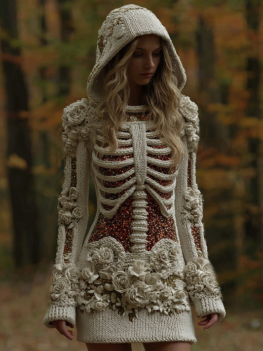 Women's Vintage Halloween Skull Floral Knit Hooded Sweater Mini Dress