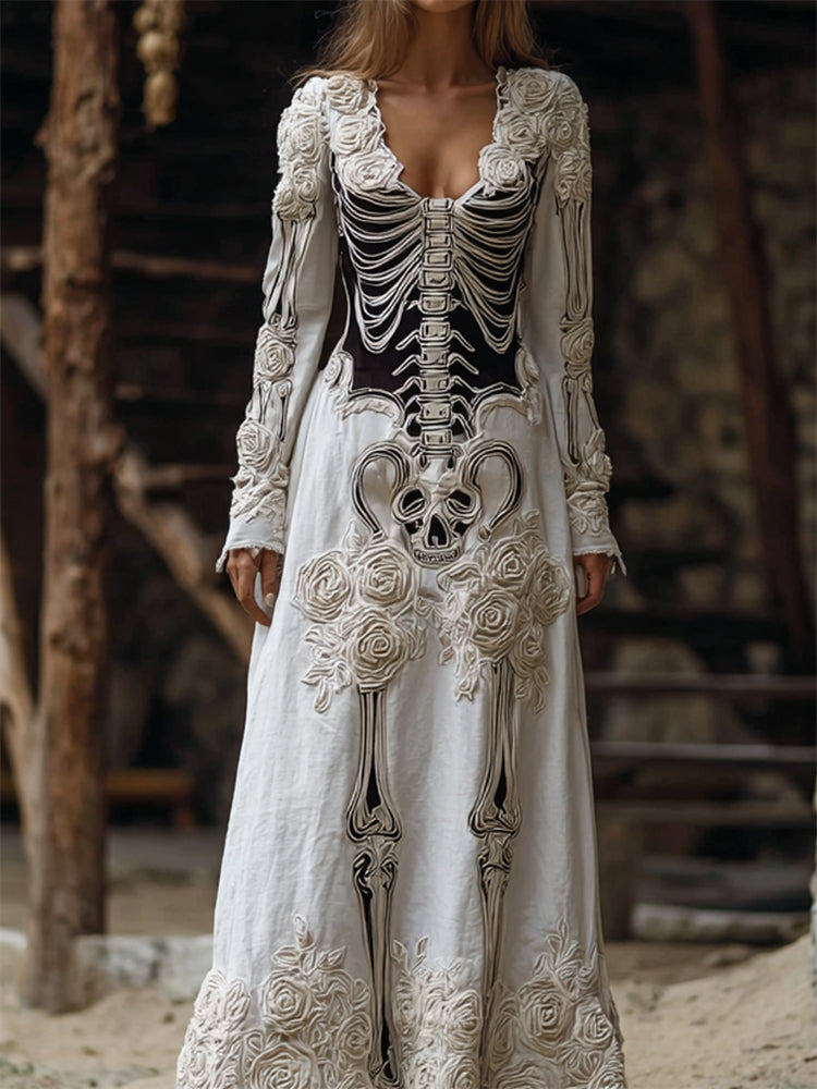Vintage Skeleton White Floral Flowy Linen Maxi Dress