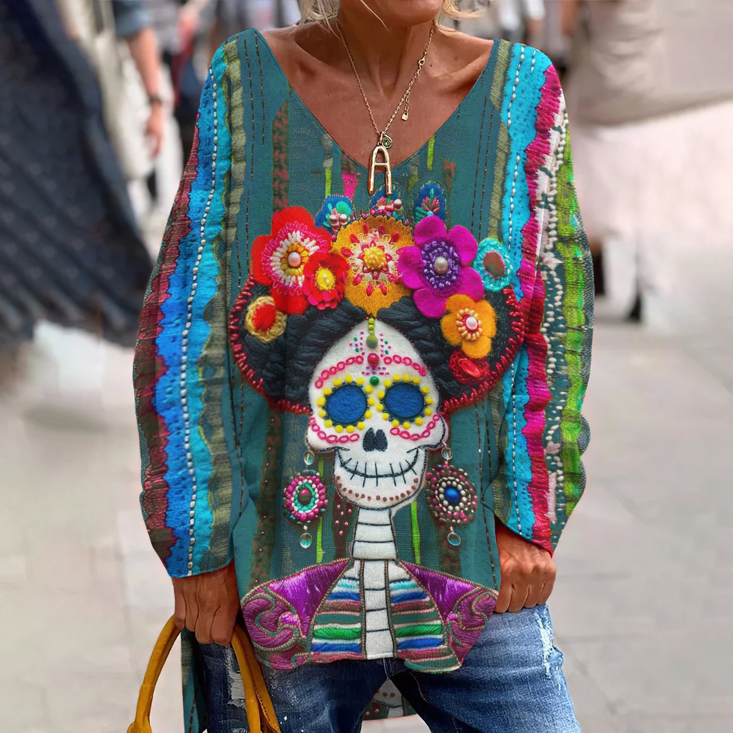 Classy Mexican Sugar Skeleton Catrina Day Of The Dead Inspired Pattern Art Printed V-Neck T-Shirt