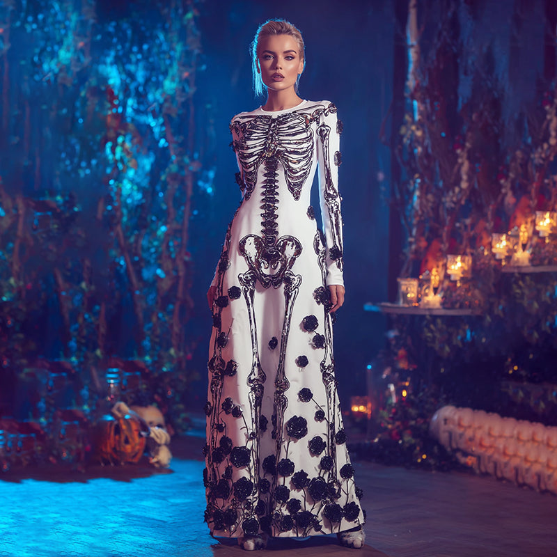 Women's Halloween Skeleton Bones And Rose Velvet Maxi Dress