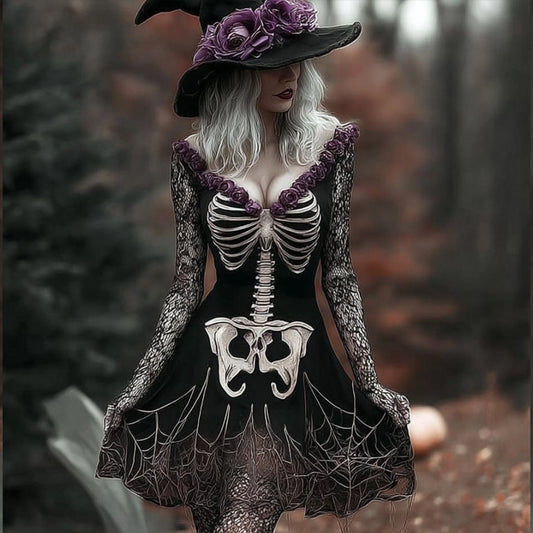 Women's Halloween Skeleton Flower V-neck Short Skirt