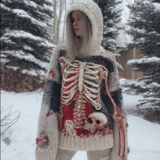 Lady's Halloween Gothic Style Skull Skeleton Pattern Knitted Sweater