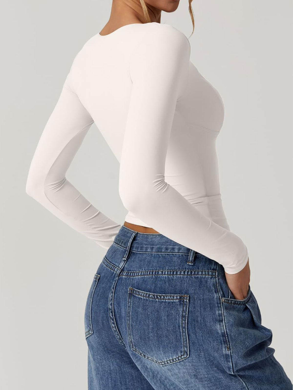 Long Sleeve V Neck T Shirts Double Lined Crop Top Seamed Cup Going Out Tops