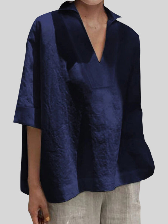 Casual Loose Solid 3/4 Sleeve V Neck Shirt