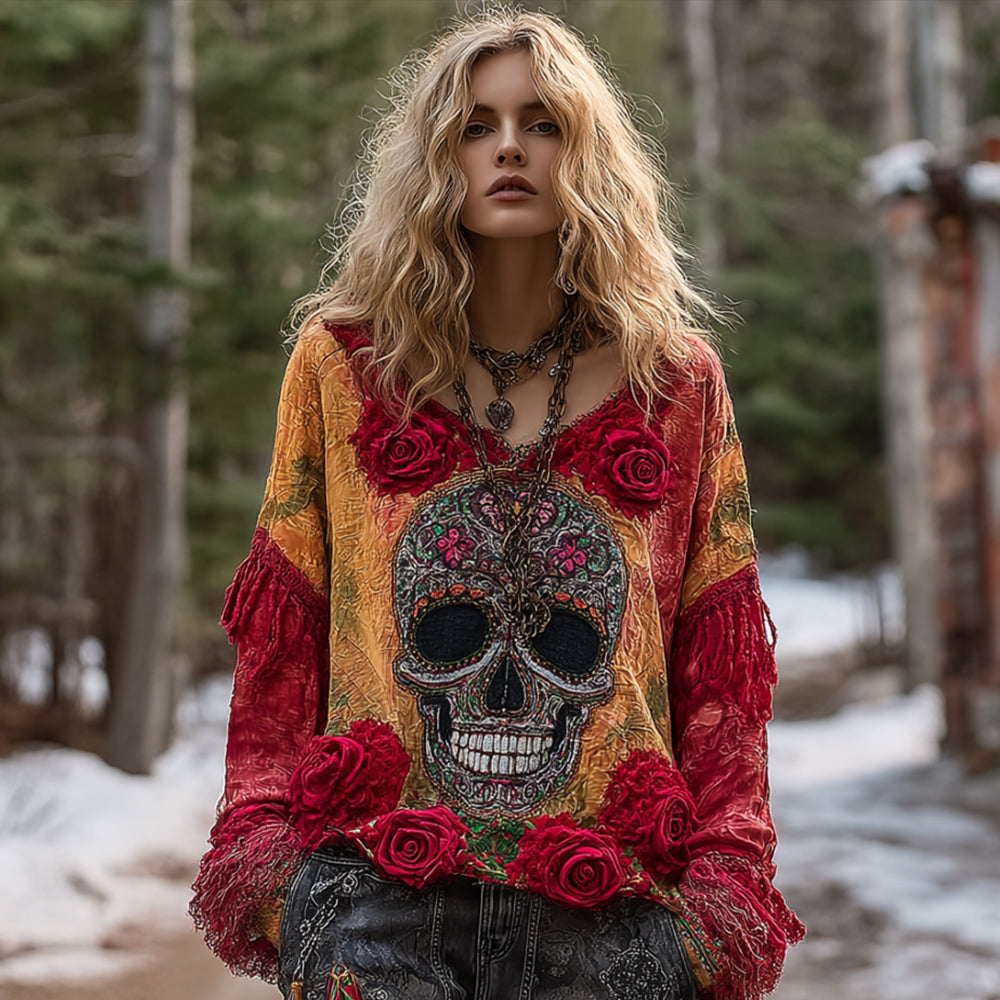Women's Vintage Skull Patchwork Distressed Long-sleeved Top