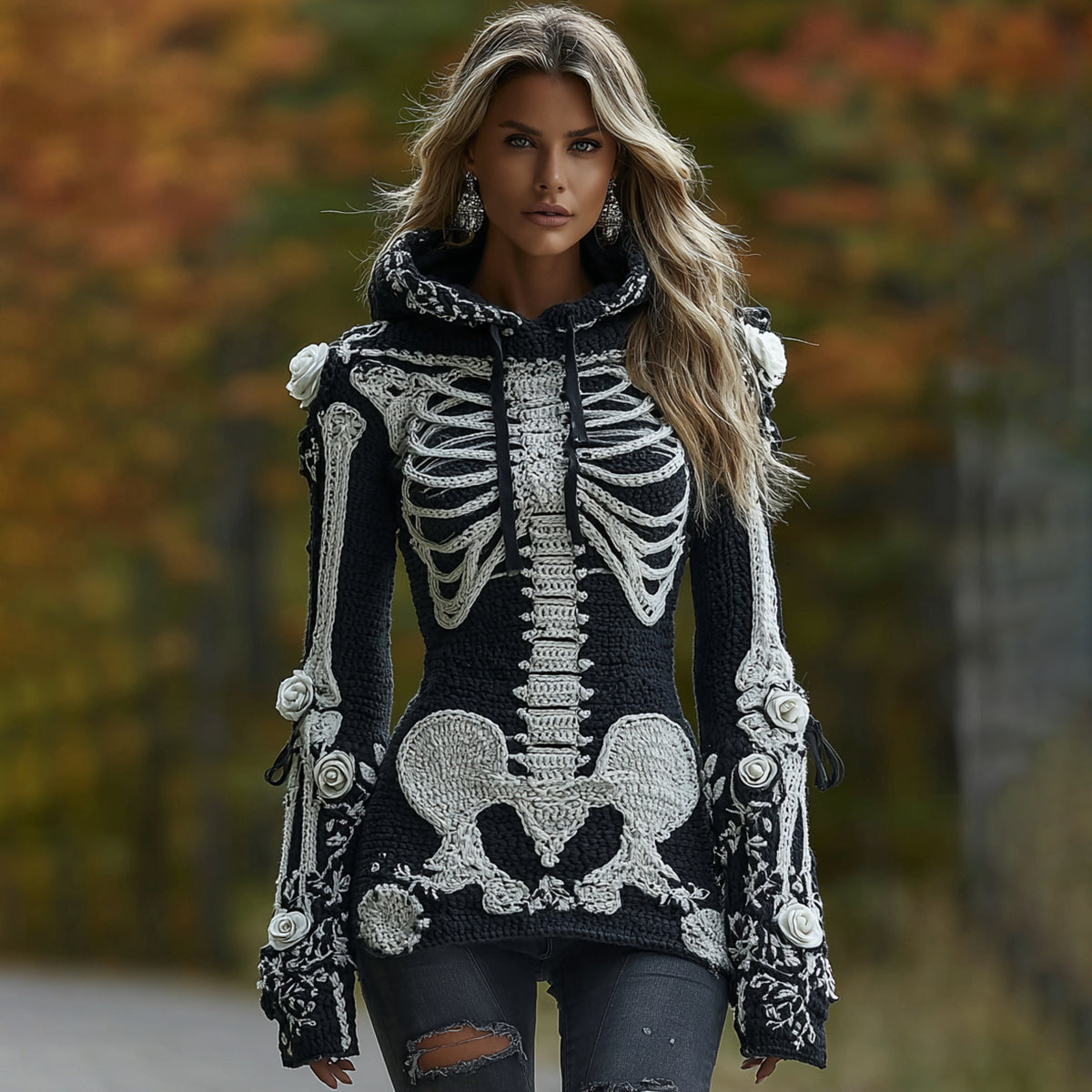 Women's Halloween Skeleton Bones With Roses Art Knitted Warm Hooded Sweater