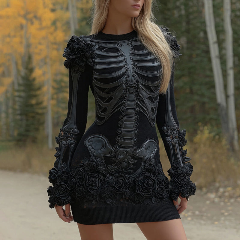 Women's Halloween Skeleton Flower Art Embroidery Cozy Knit Mini Sweater Dress