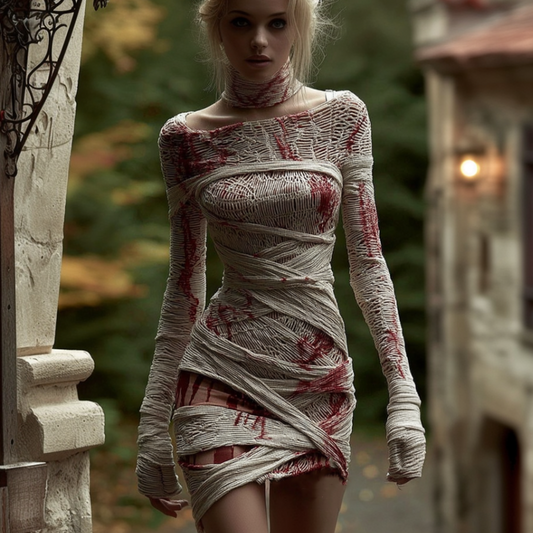 Women's Halloween Line Art Bandage Design Round Neck Knit Sweater Dress