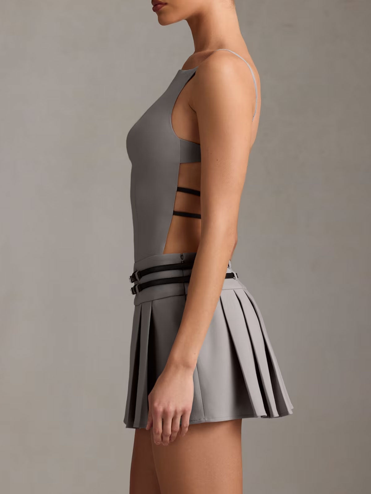 Belted Backless Pleated Mini Dress