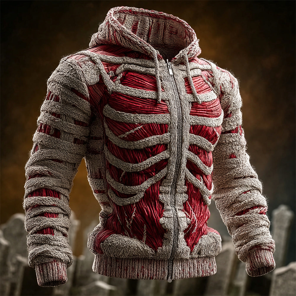 Halloween Bloody Skeleton Bandage Art Men's Knit Hooded Zip-up Sweater