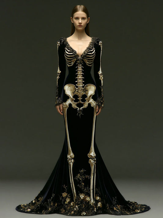 Women's Halloween Skeleton Velvet V Neck Maxi Dress