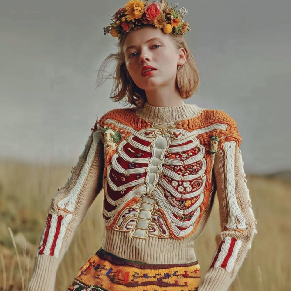 Halloween Human Anatomy Embroidery Flower Knitted Sweater
