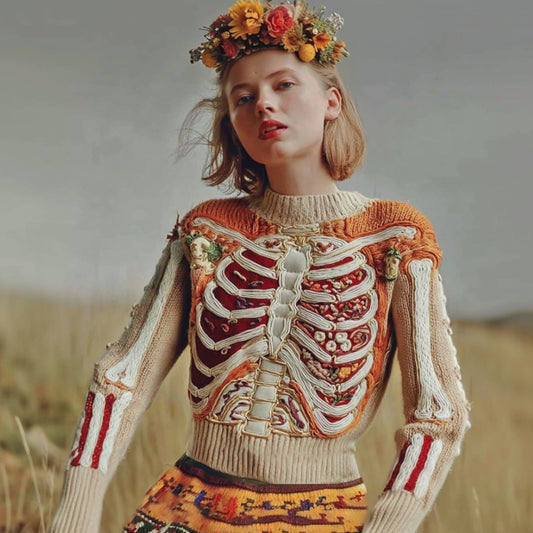 Halloween Human Anatomy Embroidery Flower Knitted Sweater