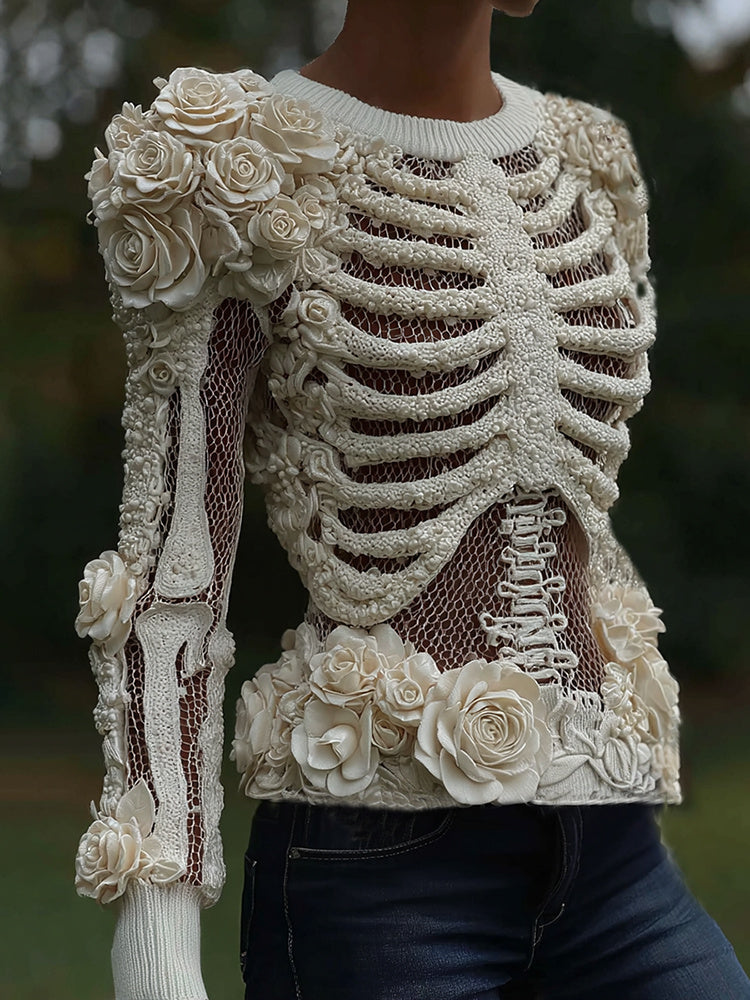 Women's Halloween Skeleton Bones With Roses Art Knitted Warm Sweater