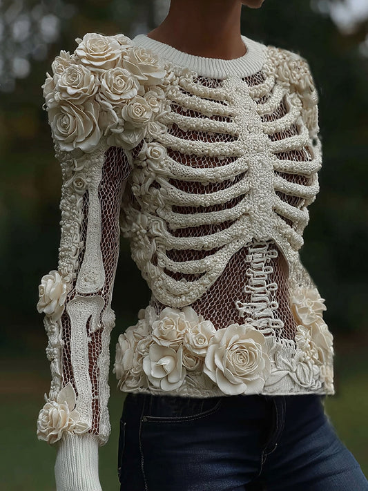 Women's Halloween Skeleton Bones With Roses Art Knitted Warm Sweater