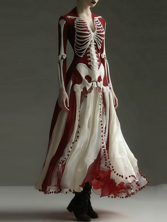 Women's Vintage Halloween Skull Art Linen V-neck Dress