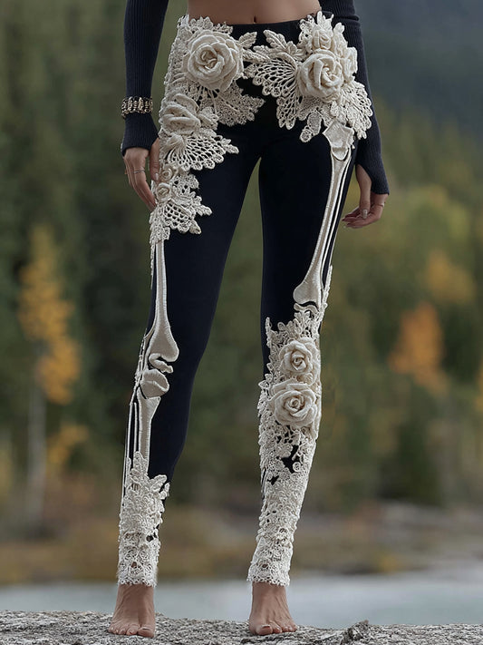 Vintage Halloween Skeleton Bones With Rose Art Cozy Knit Leggings