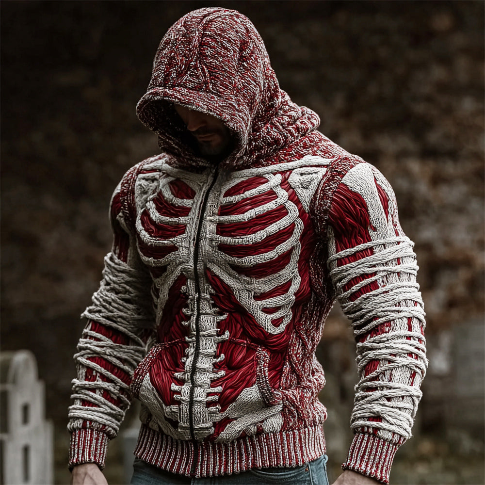 Halloween Bloody Skeleton Bandage Art Men's Knit Hooded Zip-up Sweater