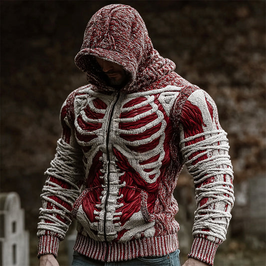 Halloween Bloody Skeleton Bandage Art Men's Knit Hooded Zip-up Sweater