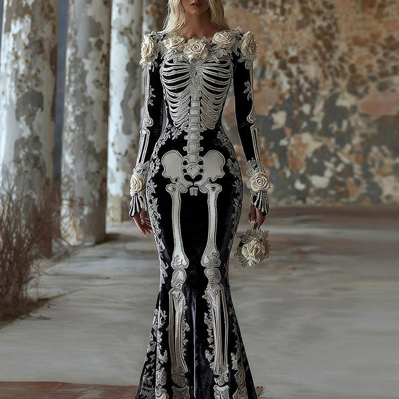 Women's Vintage Halloween Skull Rose Art Velvet Crew Neck Maxi Dress