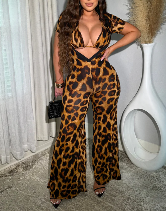 Leopard Animal Print Short Sleeve Jumpsuit