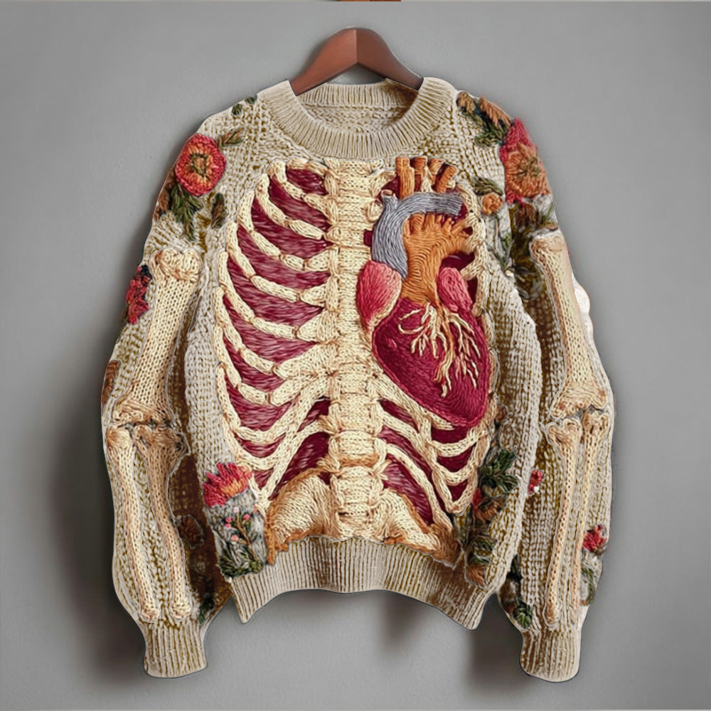 Vintage Halloween Human Anatomy Art And Floral Round Neck Sweater