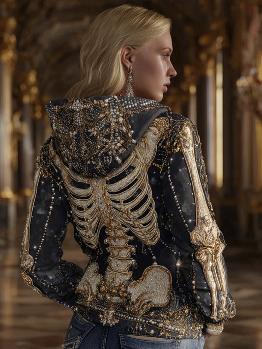 Vintage Glitter Skeleton Artl Embroidered Cozy Hoodie