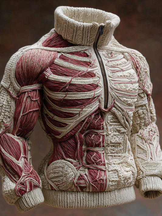 Men's Vintage Muscles Art Jacquard Cozy Knitted Half-zip Turtleneck Sweater