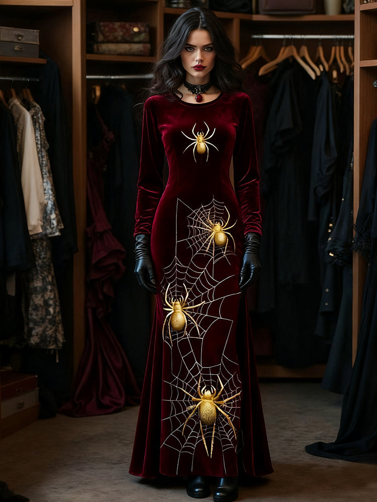 Women's Halloween Spider Pattern Velvet Round Neck Maxi Dress