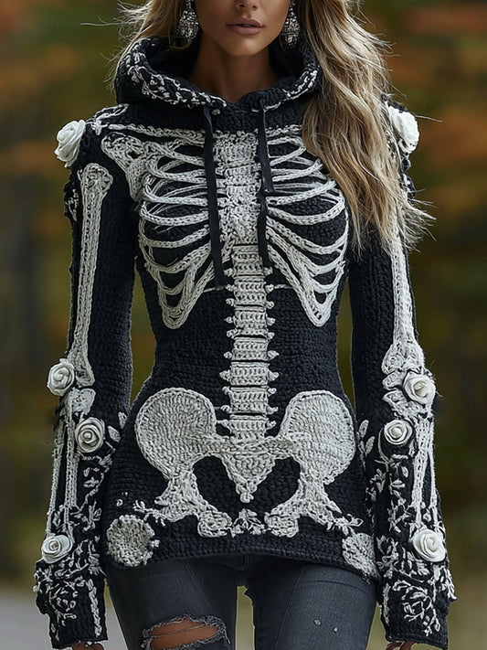 Women's Halloween Skeleton Bones With Roses Art Knitted Warm Hooded Sweater
