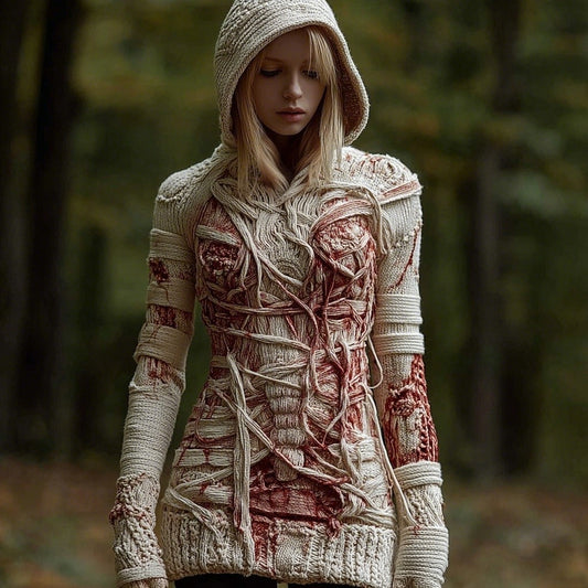 Women's Vintage Halloween Bloody Bandage Art Knit Hooded Sweater