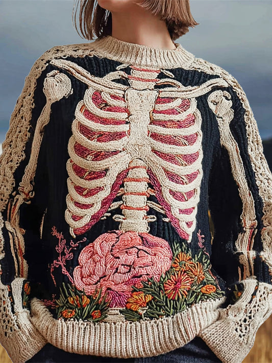Vintage Human Anatomy Skeleton Embroidery Women's Knit Crew Neck Sweater