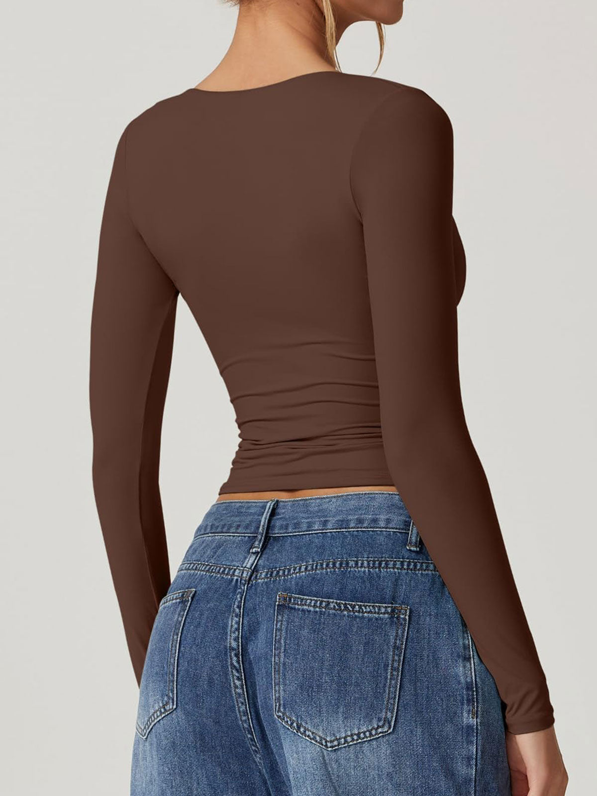 Long Sleeve V Neck T Shirts Double Lined Crop Top Seamed Cup Going Out Tops