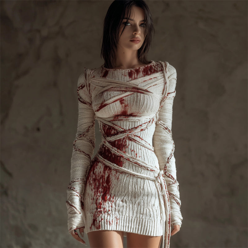 Halloween Bloody Bandages Tied Cozy Knit Sweater Dress