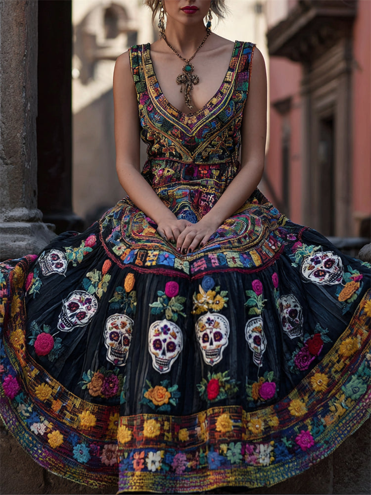 Day Of The Dead Sugar Skulls Floral Embroidered Linen Maxi Dress