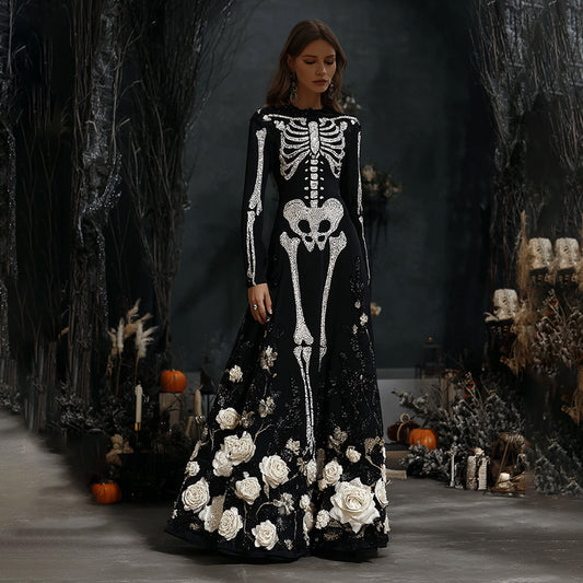 Women's Halloween Skeleton Bones Rose Velvet Maxi Dress