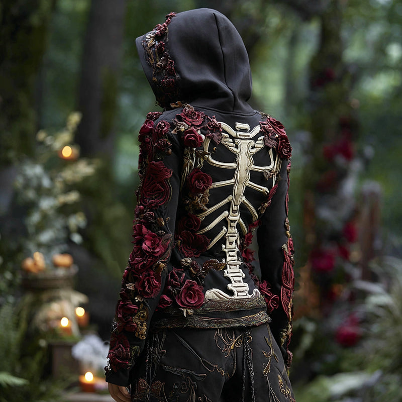 Women's Halloween Rose And Skull Graphic Casual Hoodie