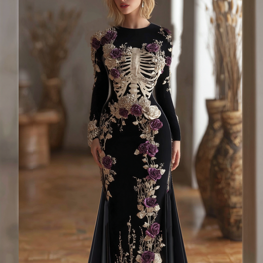 Halloween Theme Lady Round Neck Fitted Velvet Long Dress
