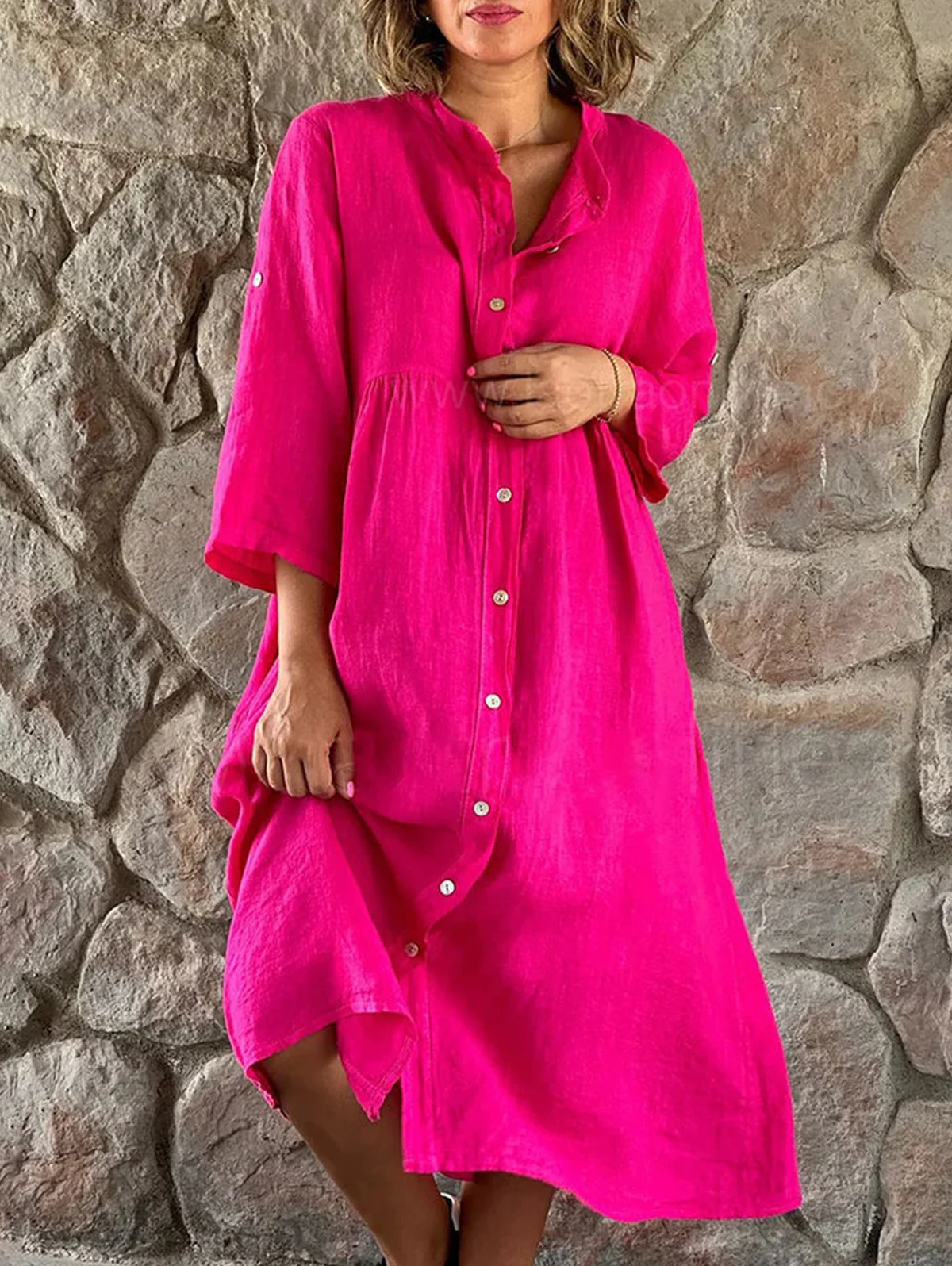Cotton linen solid color casual stand collar button long dress