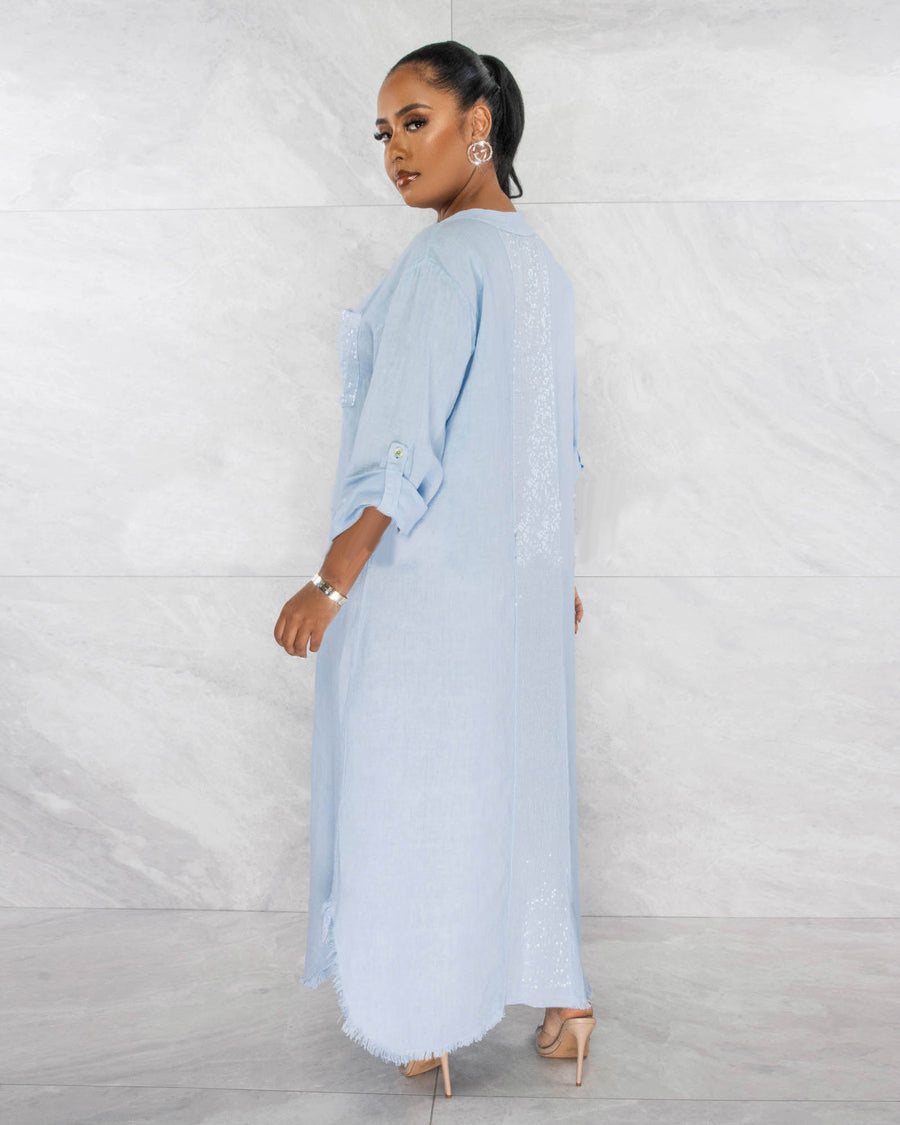 SEQUINS POCKETS BUTTONED SHIRT LINEN DRESS
