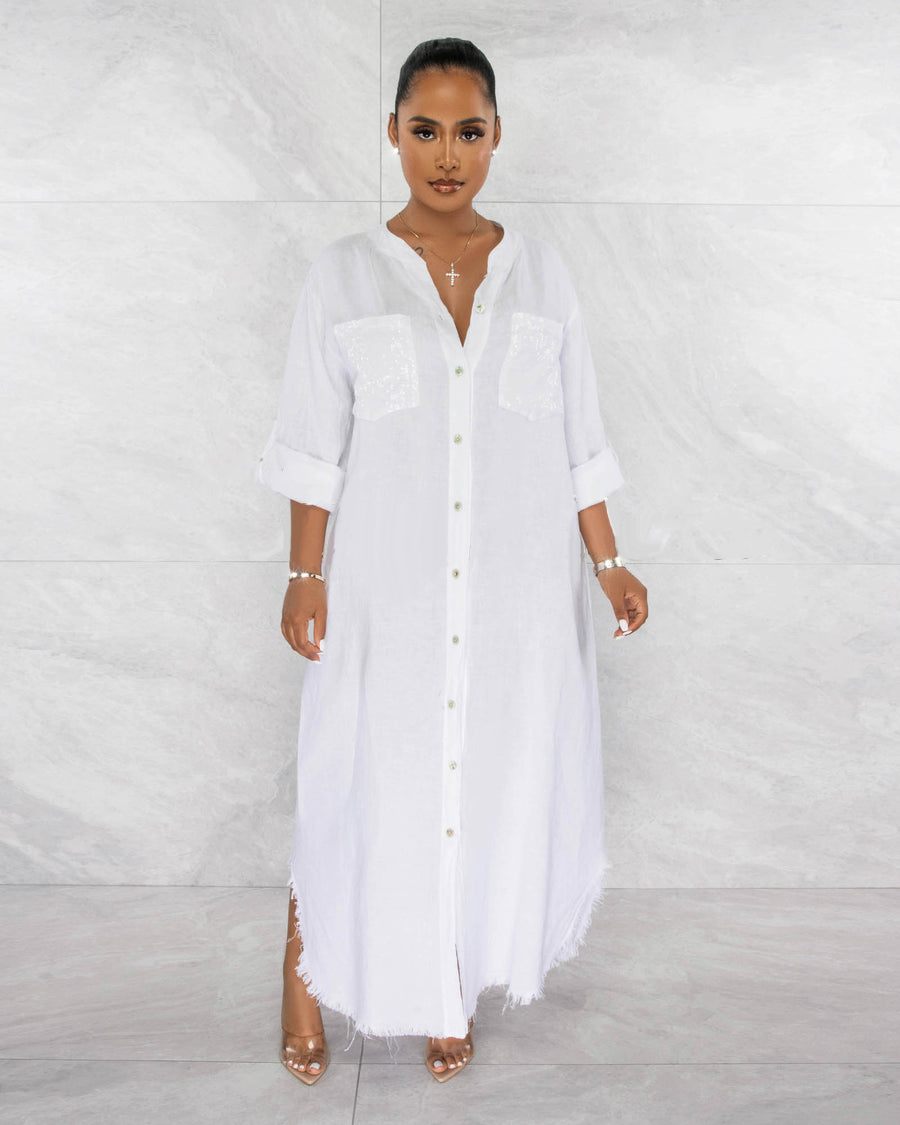 SEQUINS POCKETS BUTTONED SHIRT LINEN DRESS