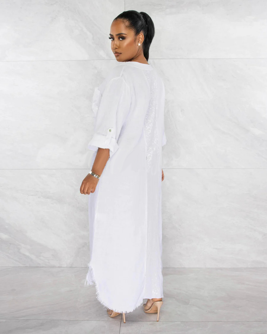 SEQUINS POCKETS BUTTONED SHIRT LINEN DRESS