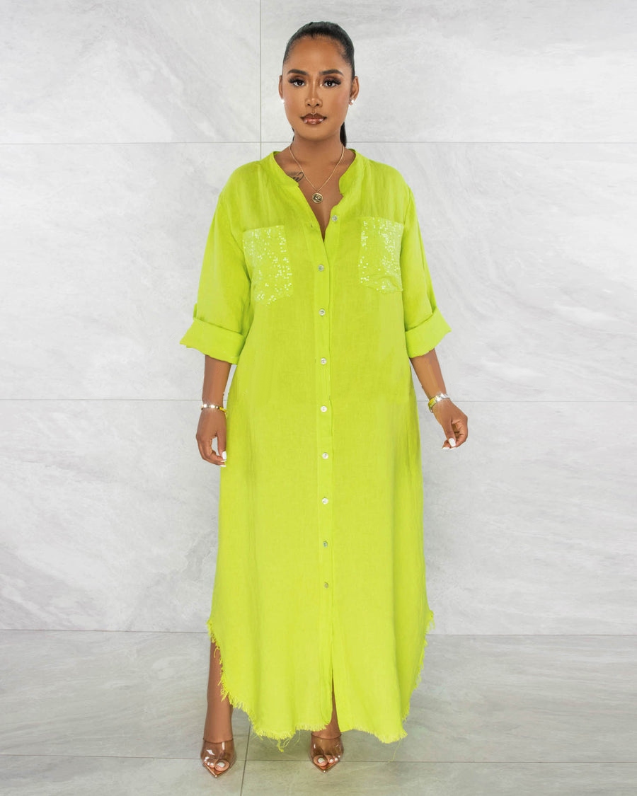 SEQUINS POCKETS BUTTONED SHIRT LINEN DRESS