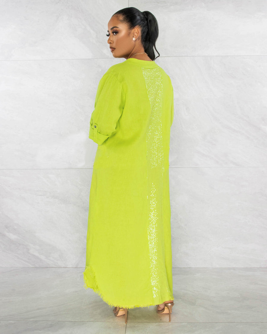 SEQUINS POCKETS BUTTONED SHIRT LINEN DRESS