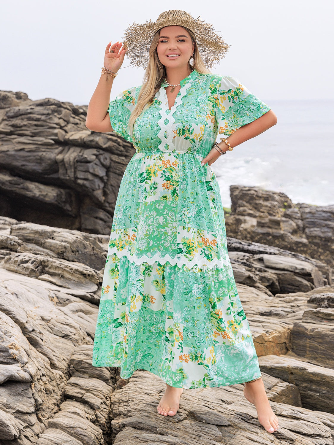 Plus Size Printed Notched Short Sleeve Maxi Dress