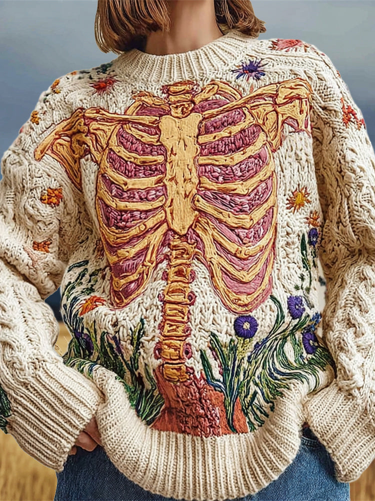 Vintage Anatomical Skeleton Floral Embroidery Women's Knit Crew Neck Sweater