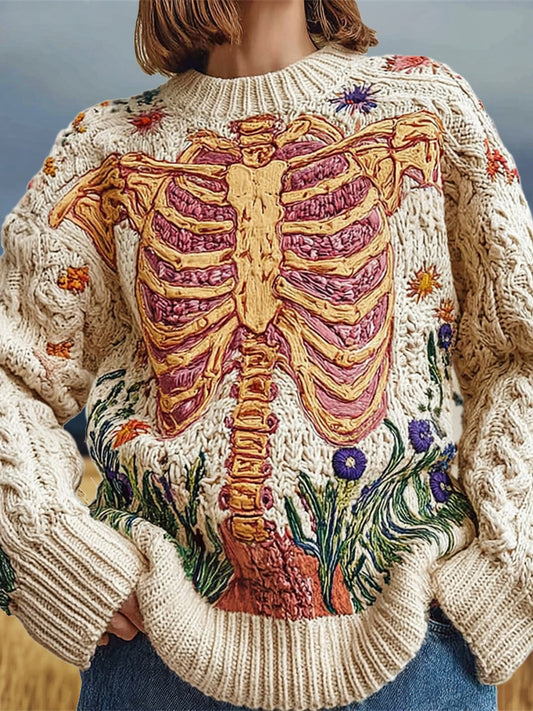 Vintage Anatomical Skeleton Floral Embroidery Women's Knit Crew Neck Sweater