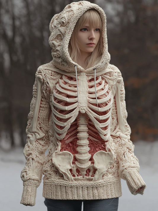 Women's Vintage Skeleton Color Block Art Cozy Hooded Sweater