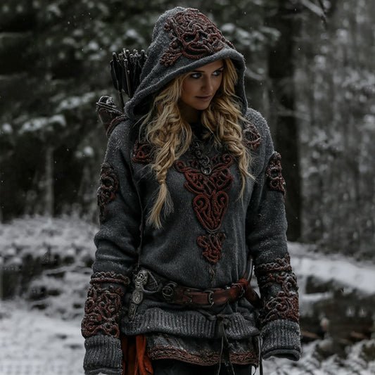 Women's Vintage Viking Pattern Embroidery Casual Hooded
